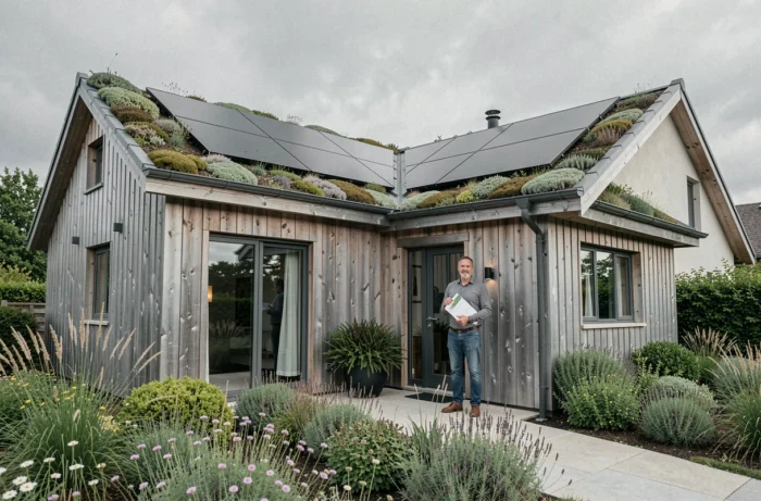 Façade d'une maison éco-responsable achevée avec toiture végétalisée, bardage bois et panneaux photovoltaïques, propriétaire satisfait devant l'entrée