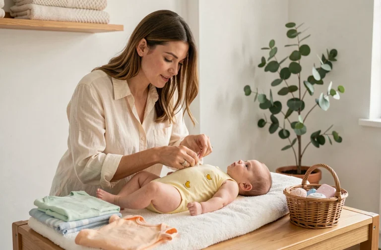 Jeune maman habillant son bébé avec un body en coton jaune pâle sur une table à langer en bois dans une chambre de bébé douce et naturelle