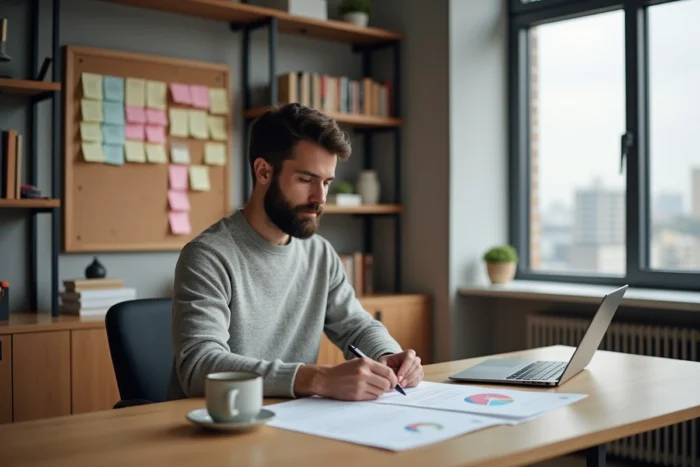 Manager analysant des rapports d'amélioration continue avec des notes organisées dans un bureau professionnel