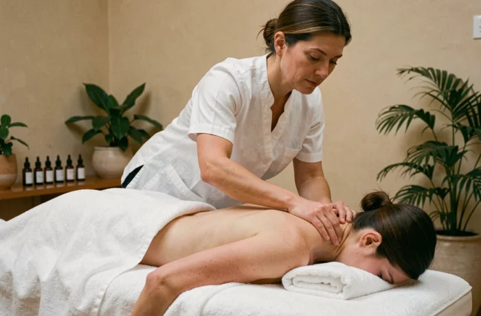Masseuse professionnelle en blouse blanche réalisant un massage du dos sur une cliente dans un institut de beauté au décor épuré