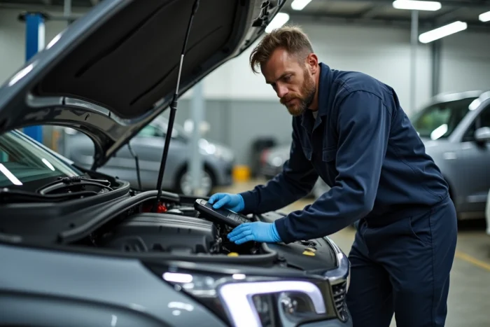 Mécanicien inspectant le moteur d'un Peugeot 5008 avec un scanner OBD dans un garage professionnel