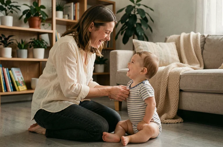 Mère agenouillée au niveau de son tout-petit, partageant un éclat de rire authentique dans un salon naturel et chaleureux, illustrant une parentalité bienveillante et épanouie