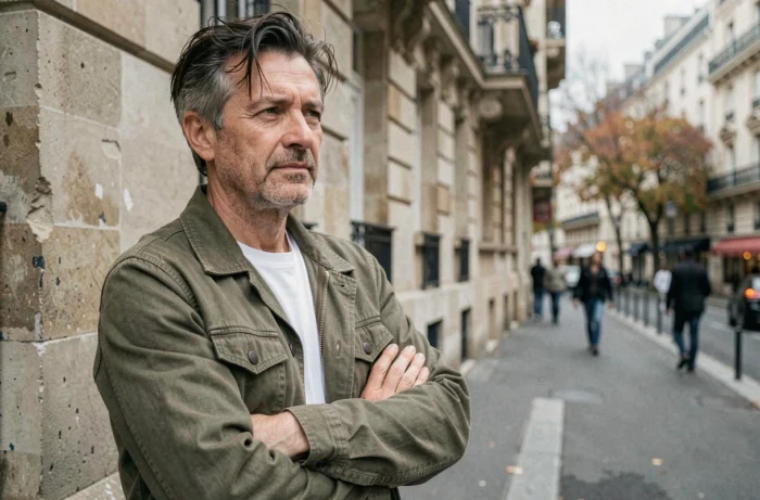 Homme d'une cinquantaine d'années au regard réfléchi dans une rue parisienne en automne