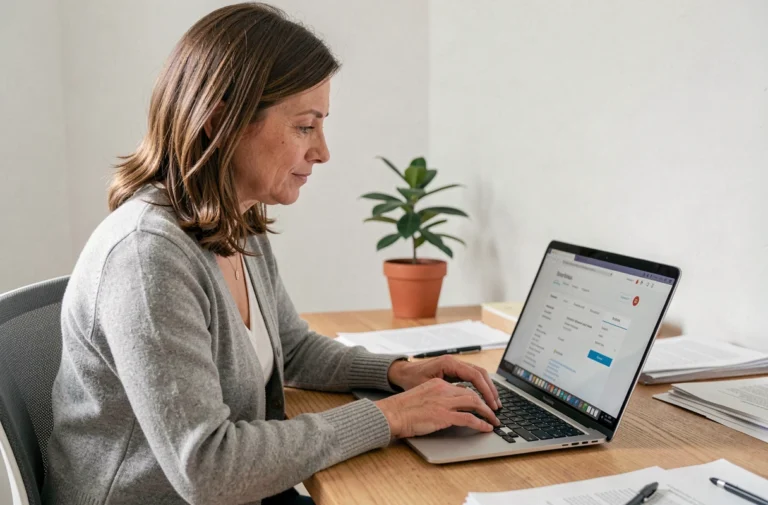 Femme d'une quarantaine d'années naviguant sur un site de santé clair et bien structuré depuis son bureau à domicile