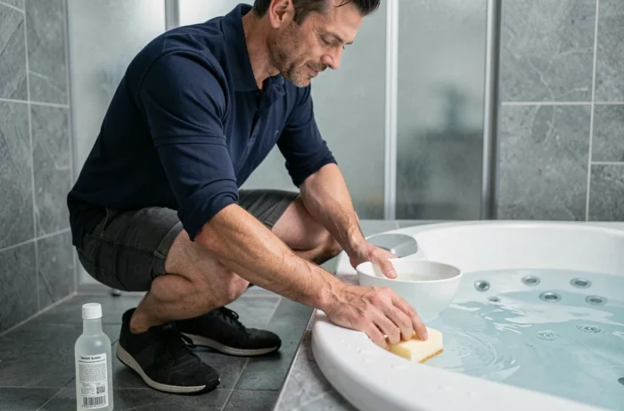 Homme nettoyant la ligne d'eau d'un jacuzzi intérieur avec une solution de vinaigre blanc et une éponge douce