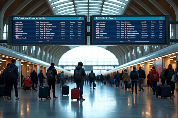 Panneau d'affichage des départs Eurostar et TGV dans un grand hall de gare européenne avec des voyageurs en attente