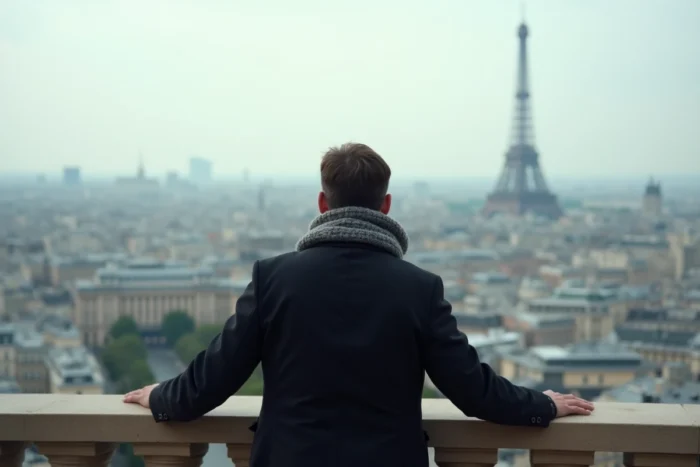 Homme contemplant le panorama de Paris depuis la terrasse du Sacré-Cœur à Montmartre