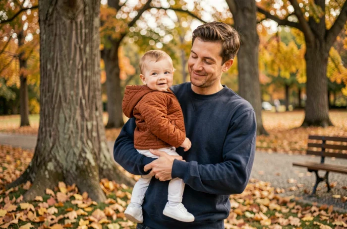 Papa tenant son bébé habillé d'une veste matelassée orange rouille dans un parc en automne avec des feuilles dorées au sol