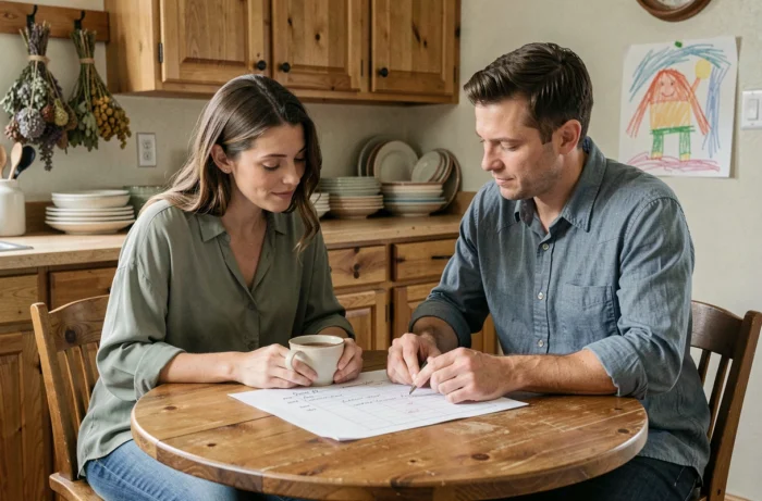 Couple de parents planifiant ensemble l'organisation familiale autour d'une table en bois dans une cuisine naturelle, symbolisant la co-parentalité épanouie et le partage des responsabilités