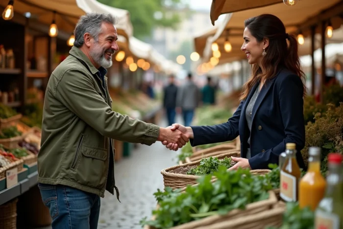 Fournisseur agricole et gestionnaire des achats d'un restaurant scellant un partenariat bio sur un marché de producteurs