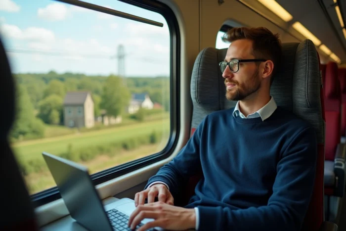 Homme travaillant sur un ordinateur portable dans un siège de TGV avec le paysage français défilant par la fenêtre
