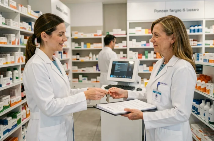 Passation de clés et de dossiers administratifs entre deux pharmaciennes lors d'un transfert de pharmacie