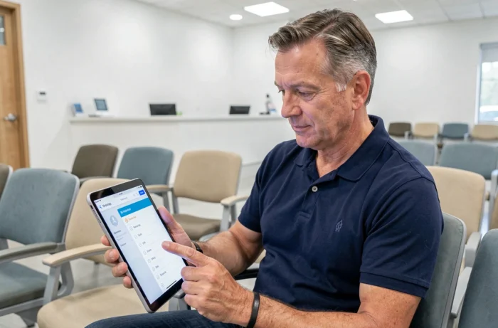Homme consultant un portail de santé structuré sur une tablette dans une salle d'attente médicale moderne