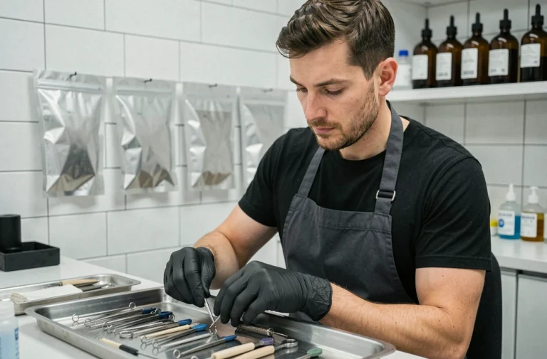 Perceur professionnel préparant des instruments stérilisés dans un studio de piercing moderne et hygiénique