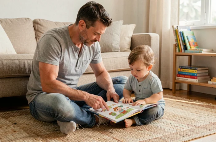 Père lisant un guide illustré avec son enfant assis sur le sol du salon familial