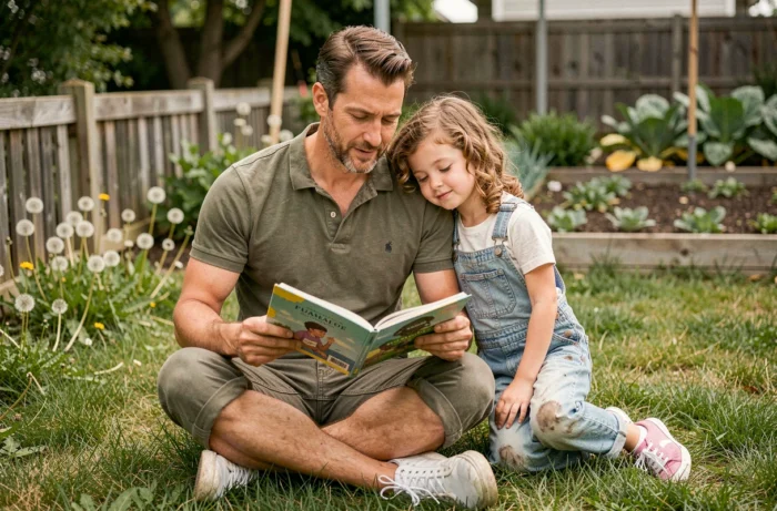 Père lisant un livre illustré à sa fille dans un jardin naturel ensoleillé, représentant un moment de parentalité douce, connectée à la nature et riche en partage