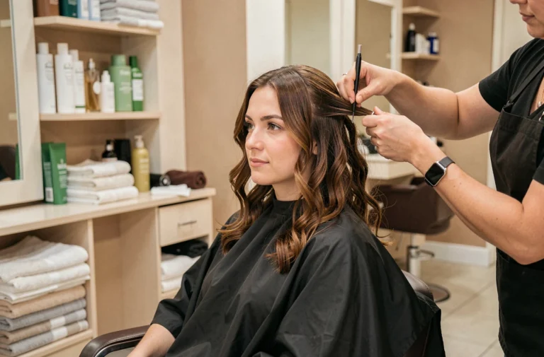 Coiffeuse appliquant une permanente sans ammoniaque sur les cheveux d'une cliente en salon de coiffure professionnel