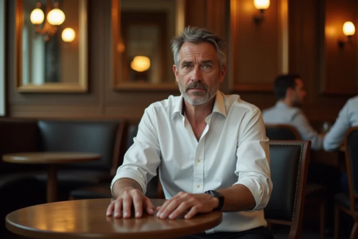 Homme discret attablé dans une brasserie parisienne raffinée, illustrant la vie privée d'une personnalité politique française