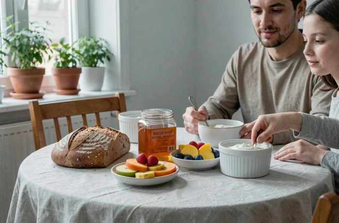 Petit-déjeuner familial sain avec des produits biologiques et locaux sur une table en bois dans un intérieur français moderne