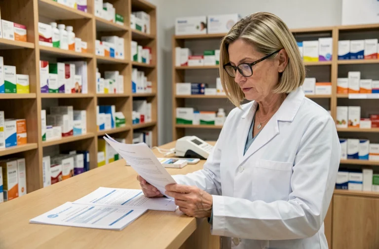 Pharmacienne examinant des documents administratifs pour un transfert de pharmacie au comptoir