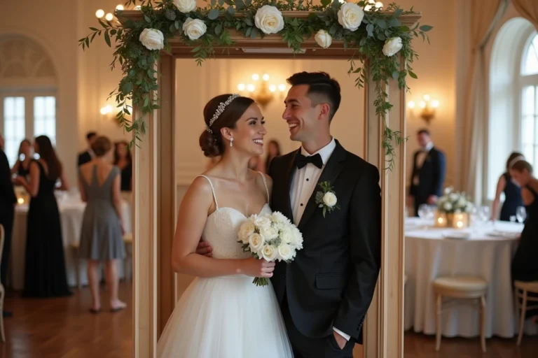 Couple de mariés posant dans un photobooth en bois décoré de fleurs blanches lors d'une réception de mariage en intérieur