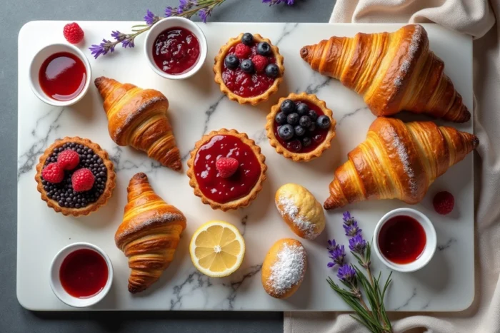 Plateau de pâtisseries françaises faites maison sur un marbre patiné, vue de dessus
