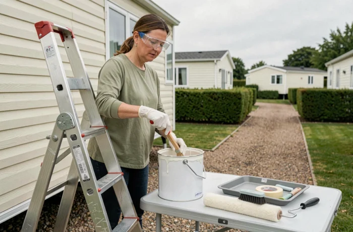 Femme préparant la peinture de toiture pour mobil home, mélangeant un enduit blanc avec les outils nécessaires posés sur une table