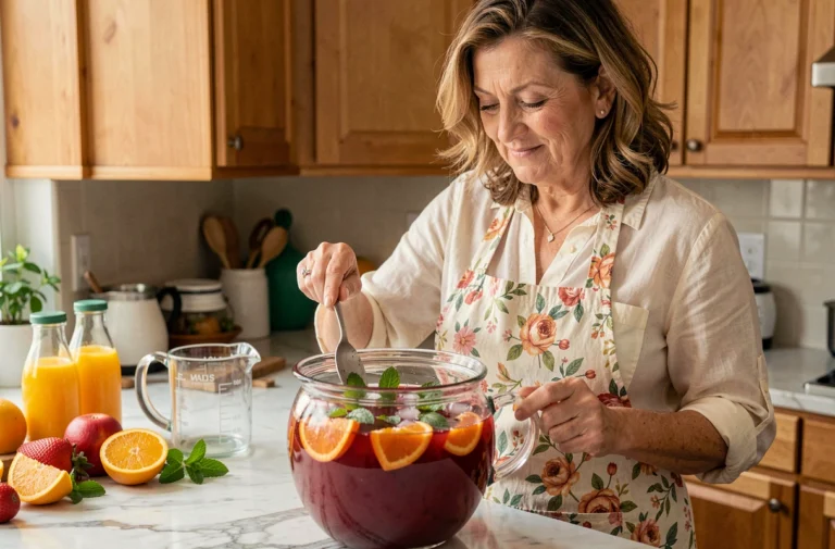 Femme préparant une grande quantité de punch Jacqueline dans un bol en verre de 10 litres dans une cuisine familiale