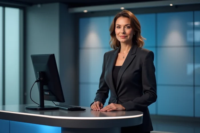 Présentatrice de télévision professionnelle derrière un bureau de plateau TV, regard confiant et posture assurée