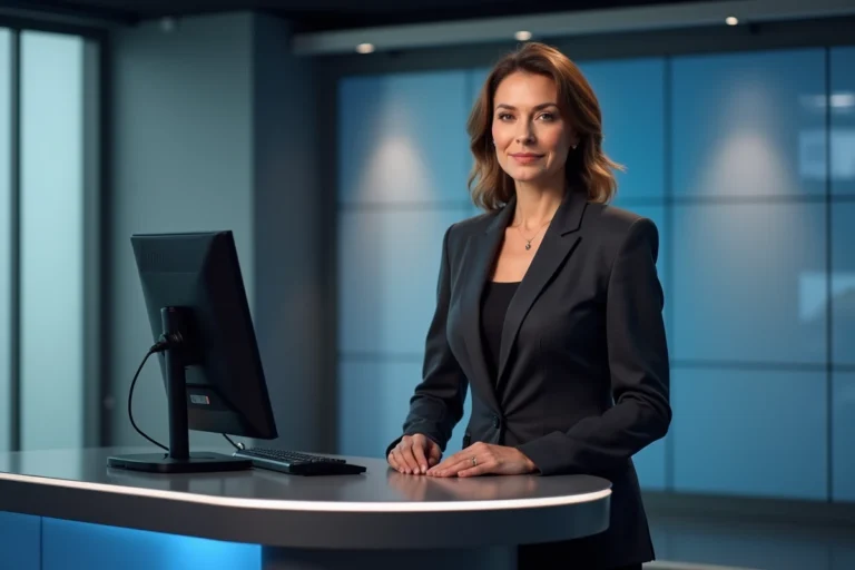 Présentatrice de télévision professionnelle derrière un bureau de plateau TV, regard confiant et posture assurée
