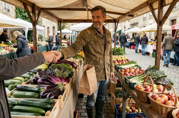 Producteur local vendant des fruits et légumes de saison dans un marché bio en plein air en France