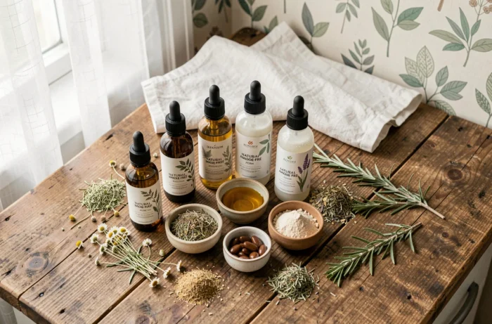 Produits naturels pour permanente sans ammoniaque avec ingrédients botaniques sur surface en bois