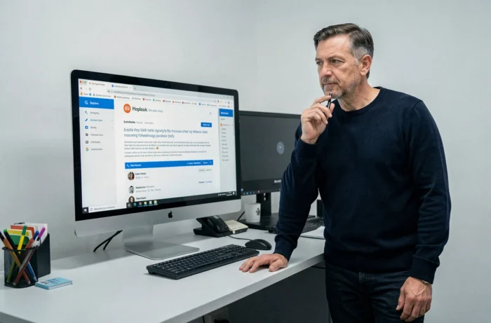Professionnel analysant une page d'erreur sur son écran pour résoudre un problème d'accès à une plateforme