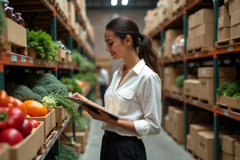 Acheteuse professionnelle examinant des produits biologiques en entrepôt grossiste pour optimiser ses approvisionnements