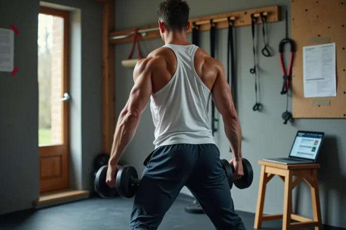 Homme réalisant un exercice full body avec haltères dans une salle de sport à domicile en suivant un programme en ligne
