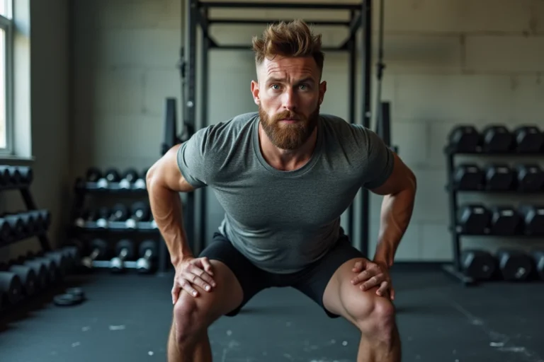 Homme effectuant un squat avec barre dans une salle de musculation moderne pour un programme full body efficace