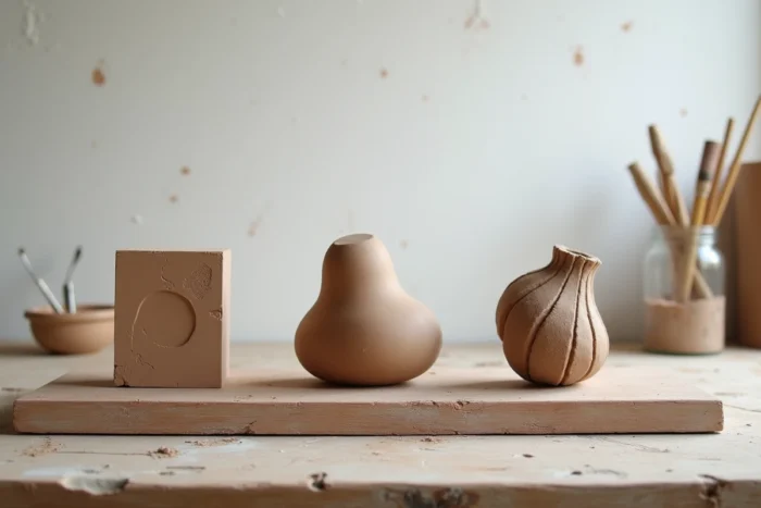 Trois étapes de progression d'une sculpture abstraite en argile sur un établi d'atelier