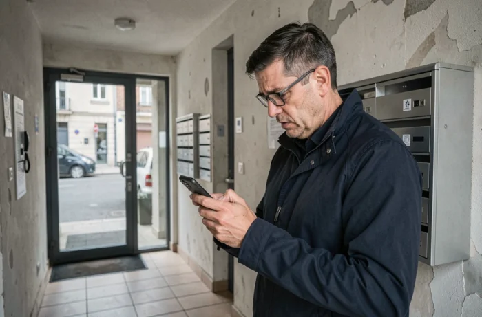 Propriétaire cherchant le numéro d'assistance Foncia en urgence dans le couloir d'un immeuble résidentiel