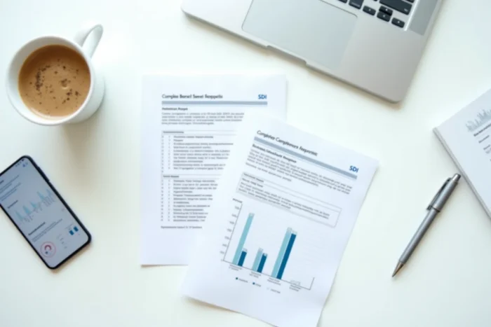 Vue aérienne d'un rapport de conformité bancaire SDI avec smartphone et stylo sur une table de réunion professionnelle