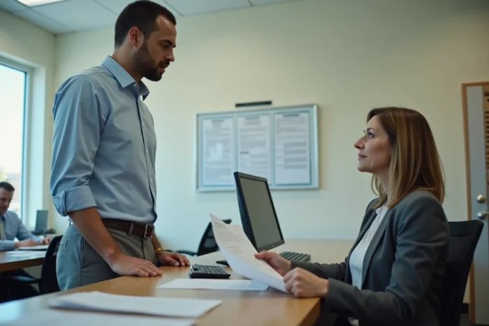 Employé de l'Éducation nationale discutant d'une erreur de paie avec un agent des ressources humaines