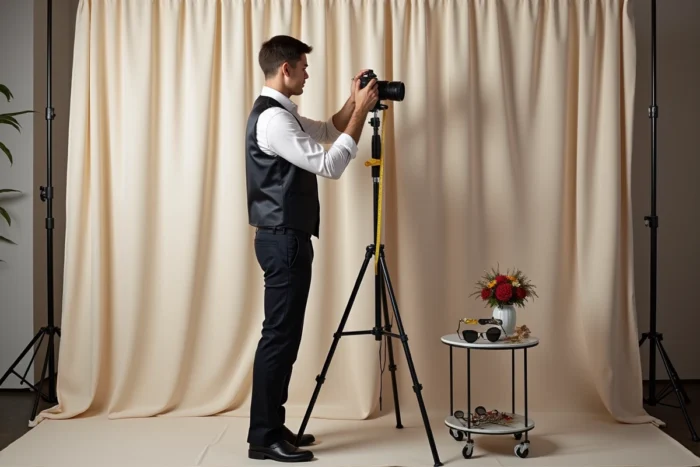 Photographe professionnel réglant la hauteur d'un trépied de photobooth lors de la préparation d'un mariage en salle de réception