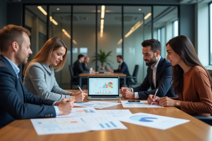 Équipe de professionnels en réunion analysant des rapports de croissance économique autour d'une table de conférence