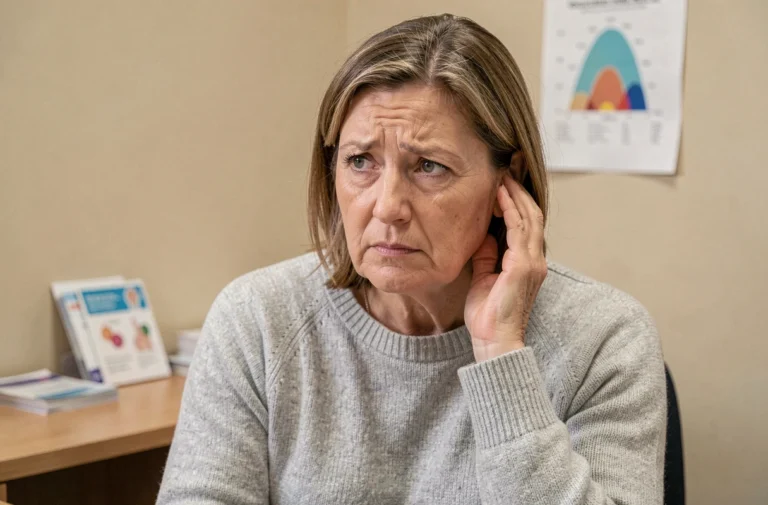 Femme d'âge mûr exprimant une gêne auditive lors d'une consultation médicale, illustrant les risques pour la santé auditive liés aux dispositifs de stimulation sonore