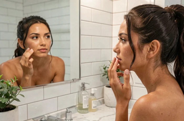 Femme aux 30 ans appliquant un sérum visage devant un miroir de salle de bain lumineuse pour une routine beauté naturelle