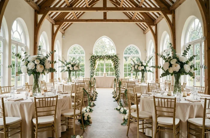 Salle de réception de mariage élégamment décorée avec tables fleuries, chaises dorées et plafonds en bois