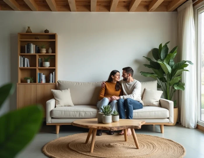 Couple dans un salon scandinave éco-responsable avec canapé en laine naturelle et plantes d'intérieur