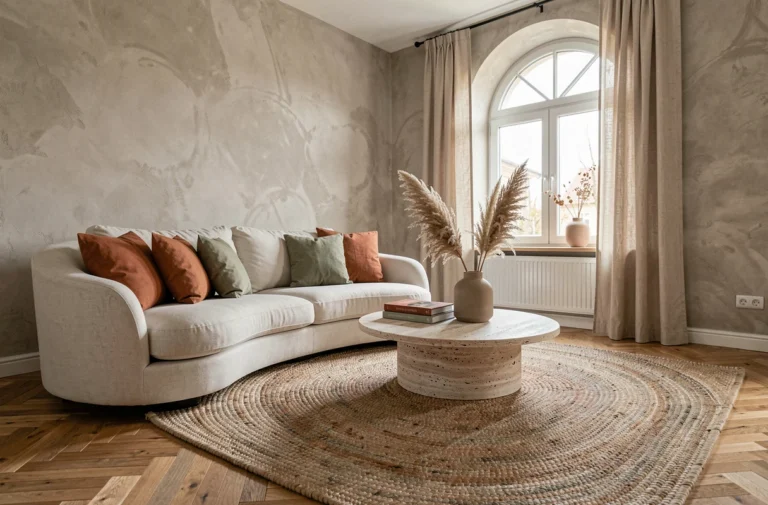 Salon scandinave moderne décoré avec des tendances actuelles : canapé en lin, table en travertin, vase en céramique et tapis en laine