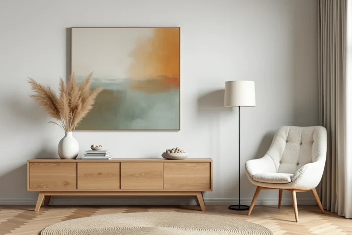 Salon scandinave moderne décoré avec fauteuil boucle, vase en céramique et herbe de la pampa sur un buffet en chêne