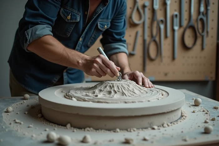 Sculpteur utilisant un outil à boucle pour graver des textures abstraites dans une sculpture en argile