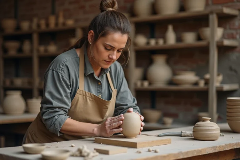 Sculptrice façonnant une forme abstraite en argile dans un atelier de céramique